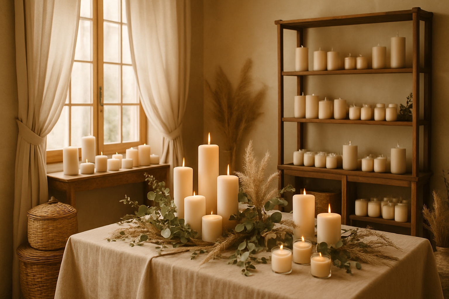 generate an asthetic candle shop image with linens and leaves